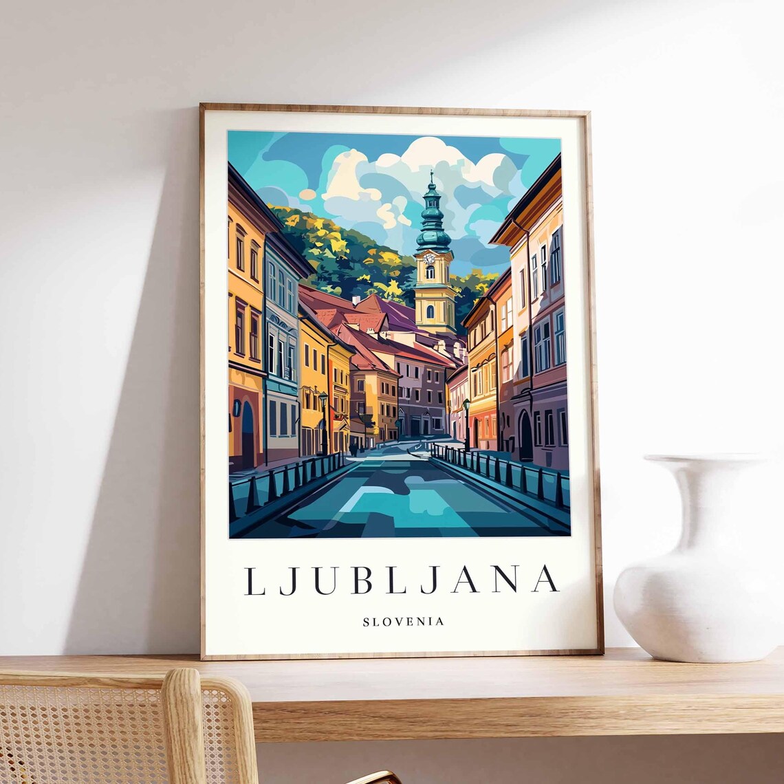 Ljubljana Slovenia Bridge Clock Tower Old Street Scene Art Poster