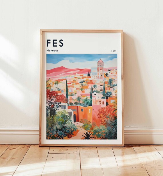 Fes Morocco Rose Hills Lush Garden Old Town Cityscape Travel Poster