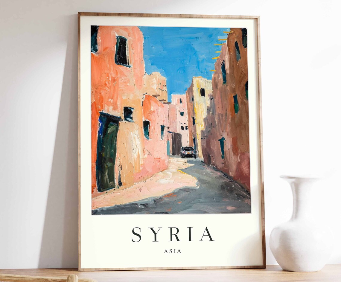 Syria Sunlit Old Town Street Salmon Stone Buildings Asia Travel Poster