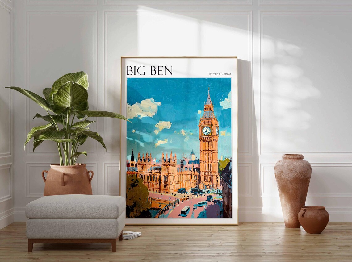 Big Ben United Kingdom Parliament Street Scene With Buses Poster - Image 2