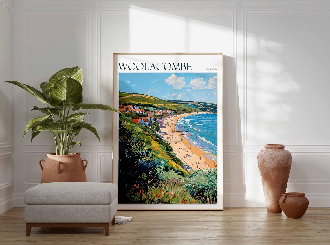 Woolacombe England Hilltop Village View Over Curved Beach Poster - Image 2