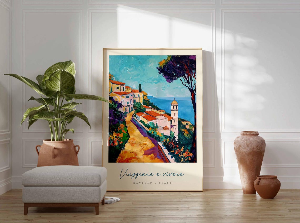 Ravello Italy Fauvist Golden Path Purple Tree Village Scene Poster - Image 3