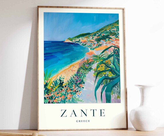 Zante Greece Coastal Cove Beach Flowers Mediterranean Poster