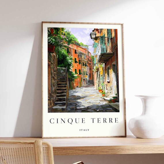 Cinque Terre Italy Cobbled Lane and Stone Steps Travel Poster