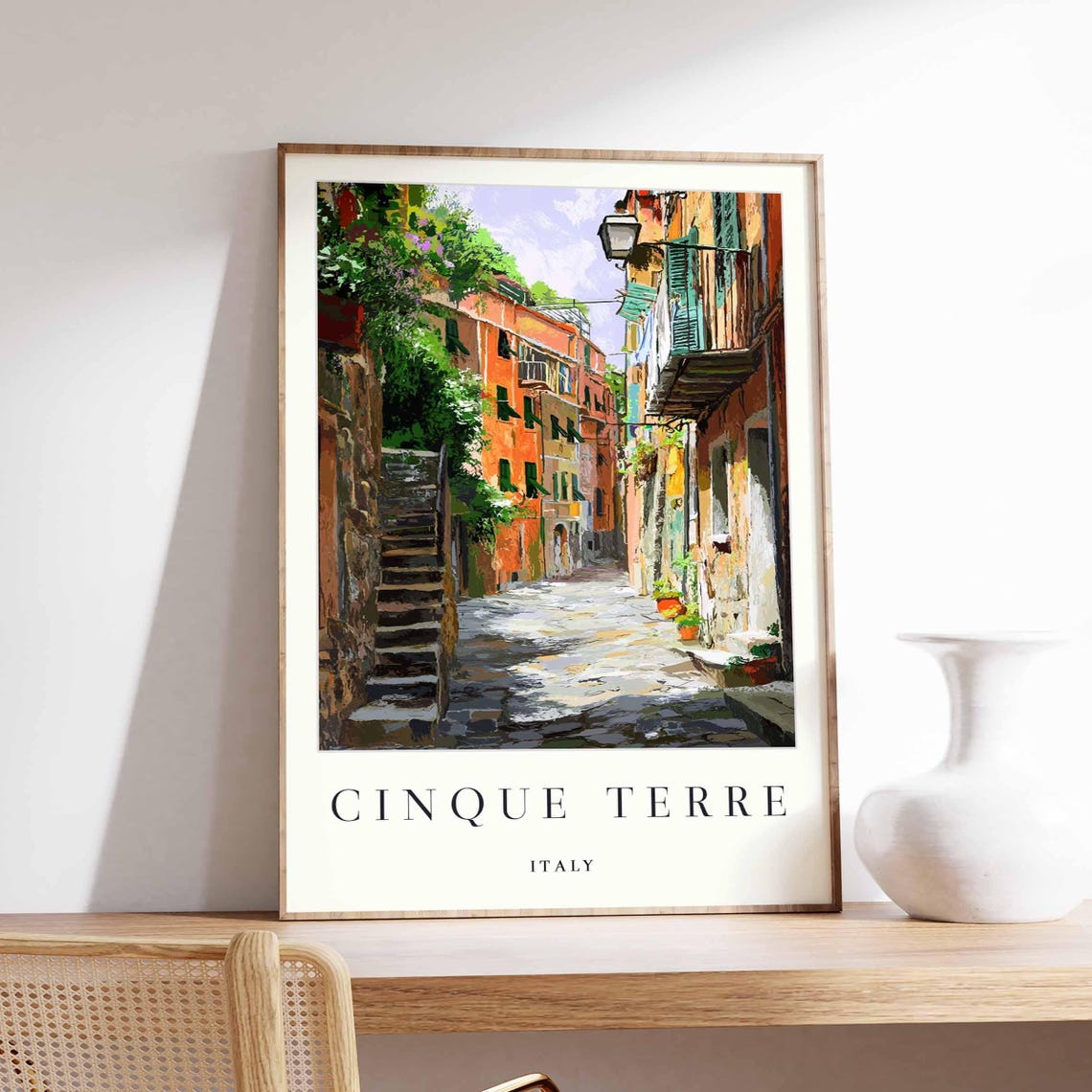 Cinque Terre Italy Cobbled Lane and Stone Steps Travel Poster