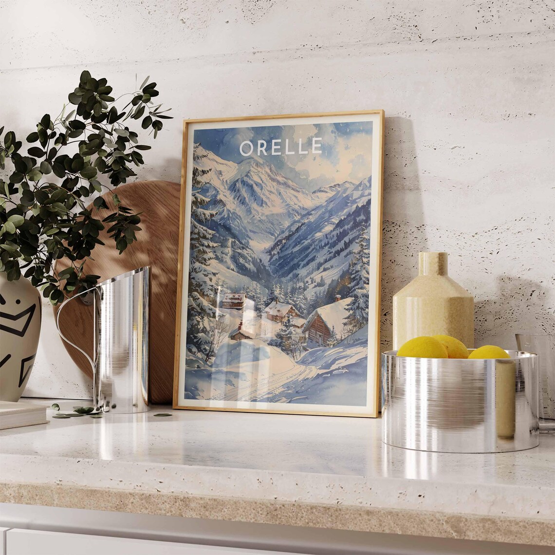 Orelle France Snowy Alpine Valley Chalets Watercolor Ski Travel Poster - Image 2