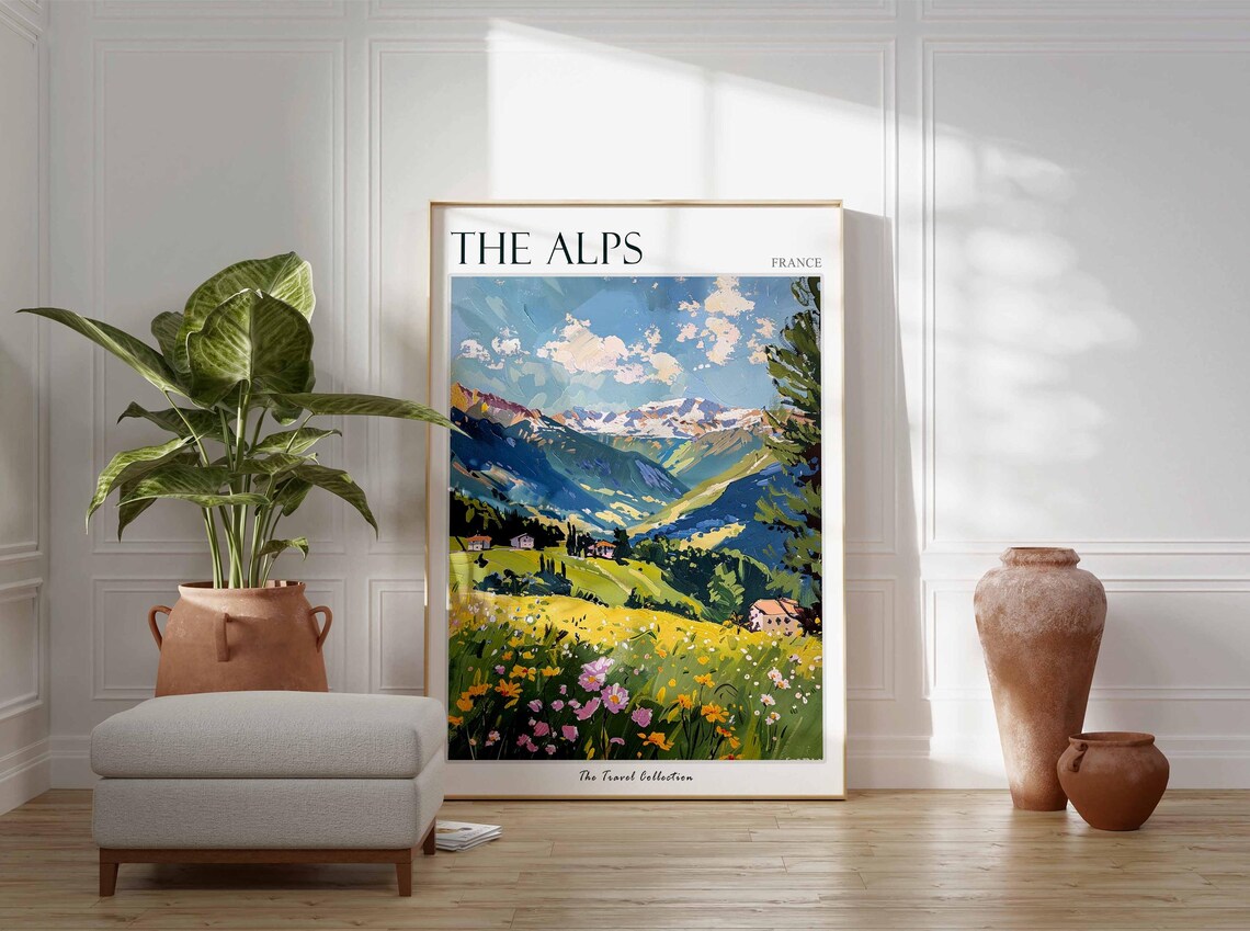 The Alps France Snow Peaks Wildflower Meadow Painting Travel Poster - Image 3