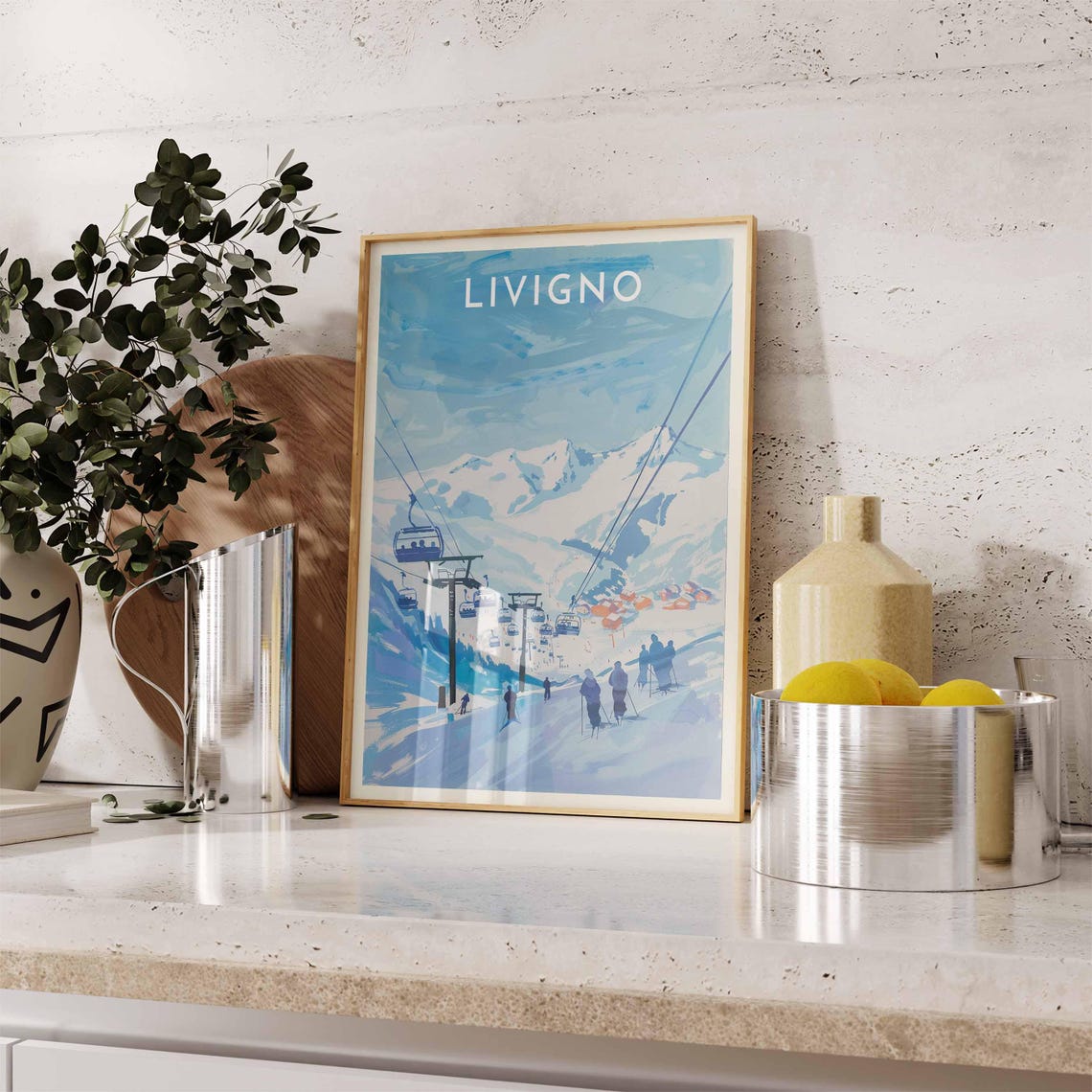 Livigno Gondola Chairlift Blue Snowy Peaks Mountain Scene Poster - Image 2