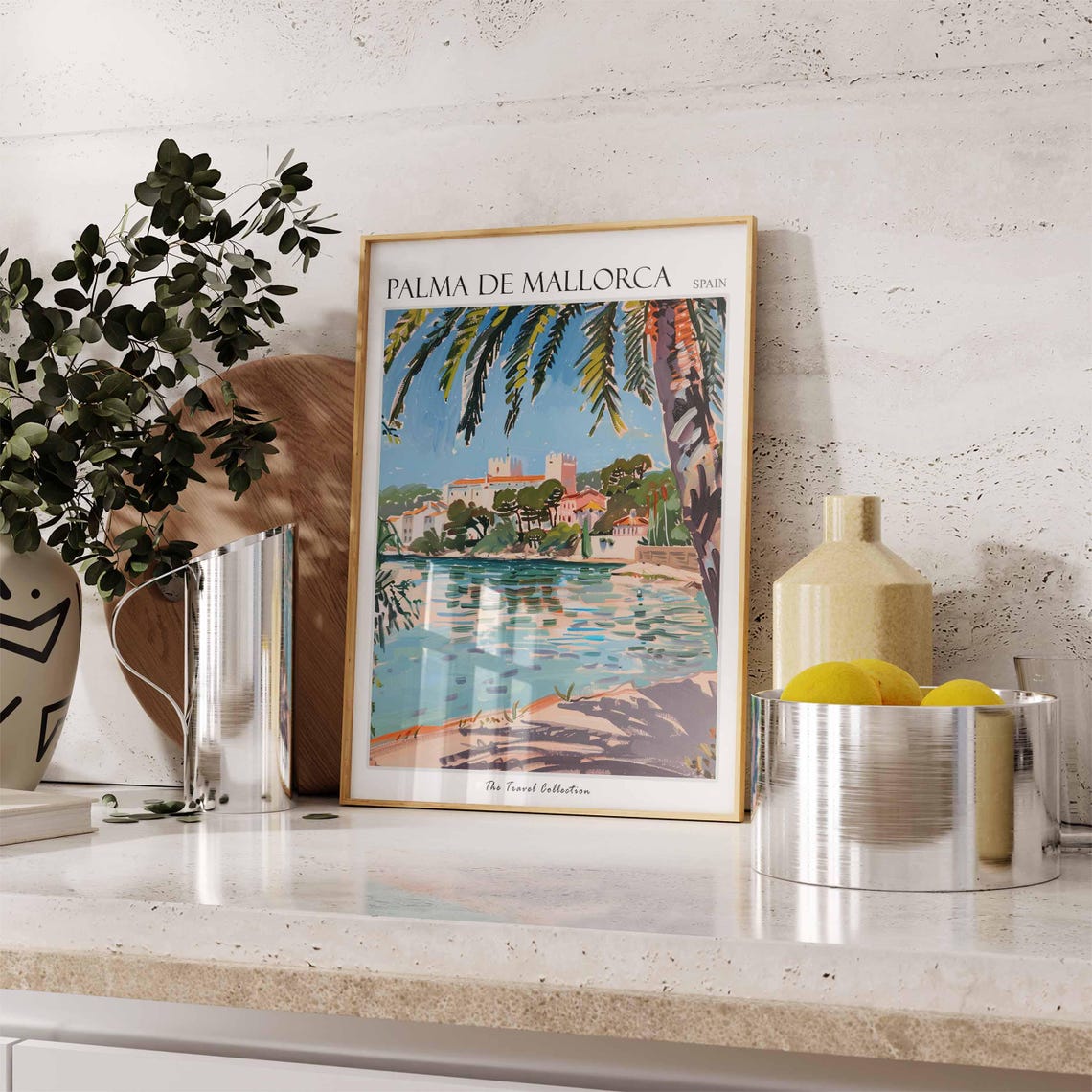 Palma de Mallorca Spain Coastal Castle and Palm Tree Art Poster - Image 3