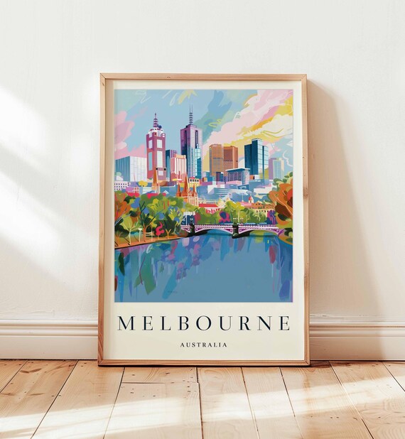 Melbourne Skyline Yarra River Pastel Colorful Australia Travel Poster