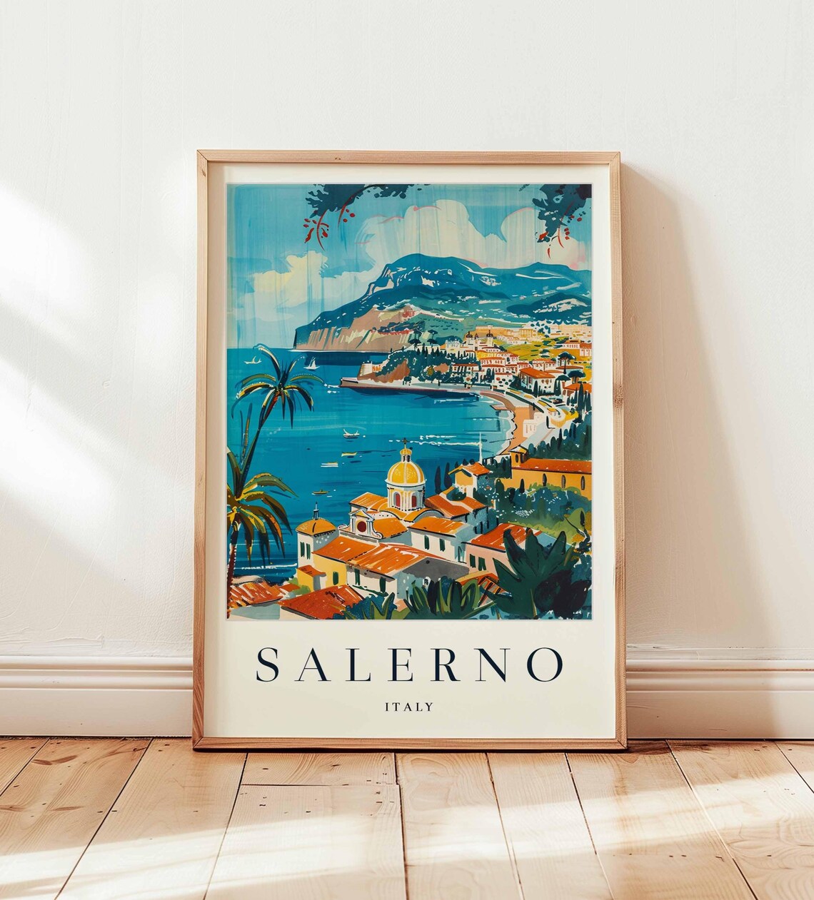 Salerno Harbor Bay With Golden Dome Church And Sailboats Poster