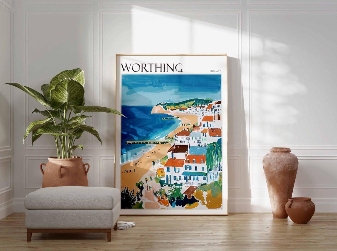 Worthing England Coastal Cliffs Seaside Houses Beach Painting Poster - Image 2