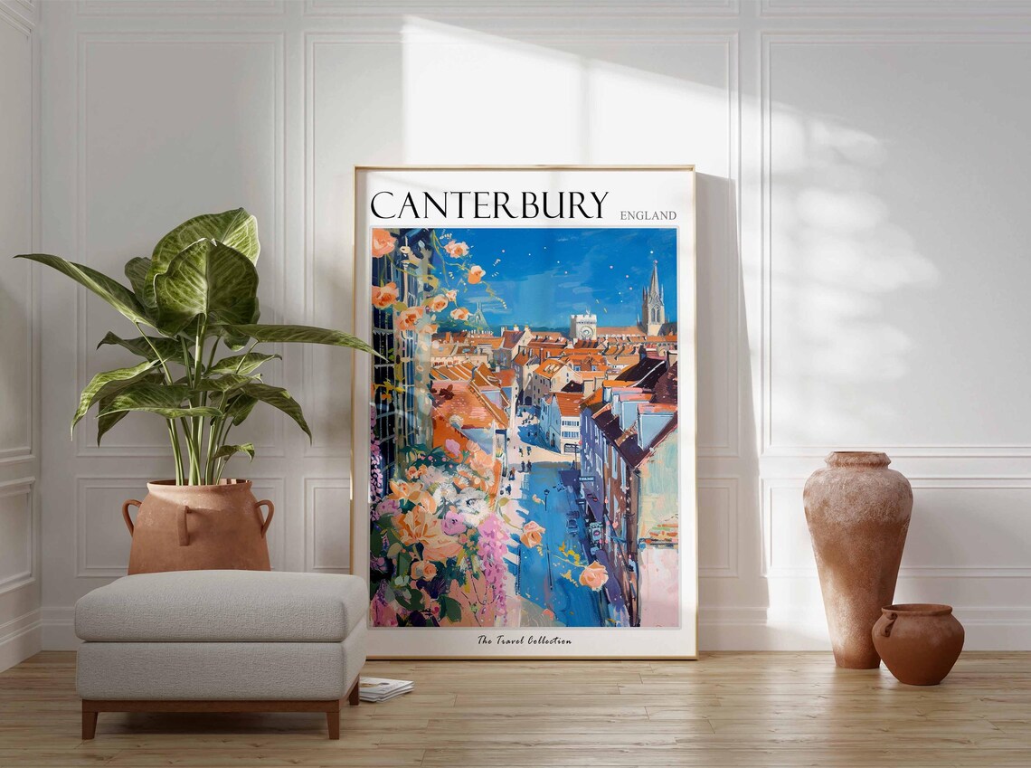 Canterbury England Cathedral Rooftops Street Flowers Travel Poster - Image 3