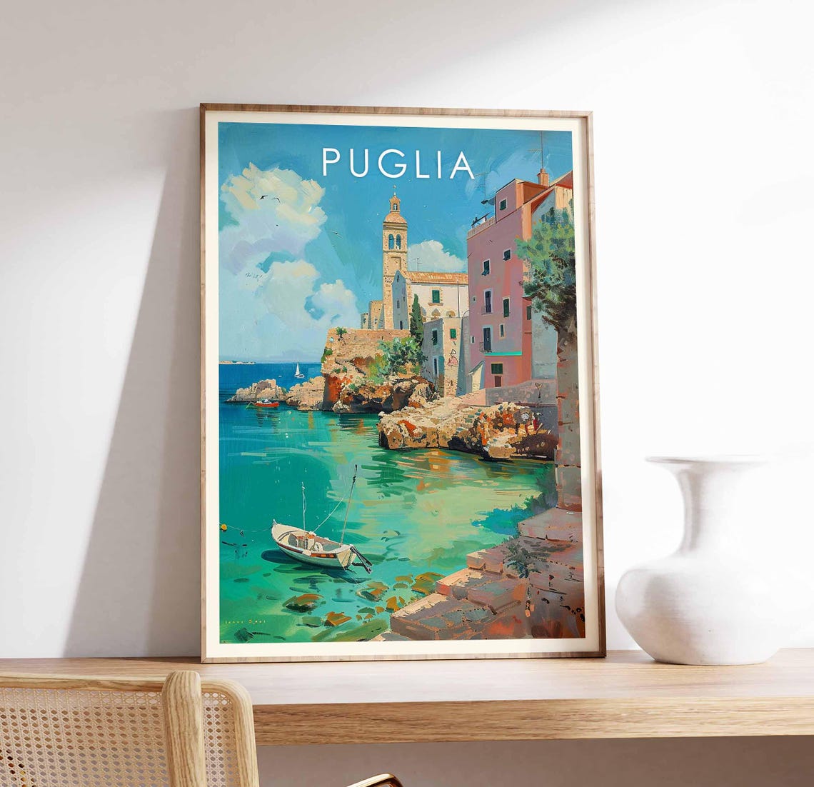 Puglia Italy Turquoise Coastal Cove Boat Artwork Travel Poster