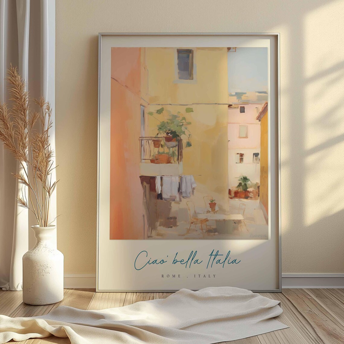 Rome Italy Sunlit Alley Balcony Plants Watercolor Charm Art Poster - Image 2