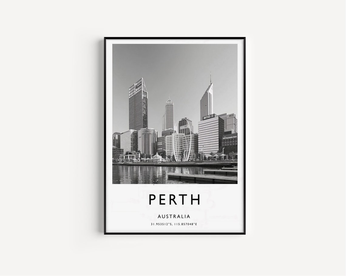 Perth Australia Black and White City Skyline River Photo Poster - Image 2