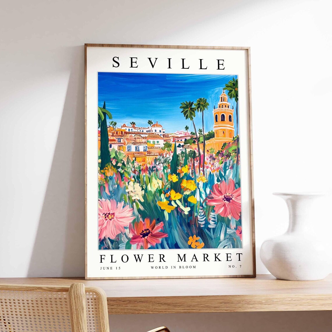 Seville Flower Market Golden Tower Skyline Wildflower Field Poster