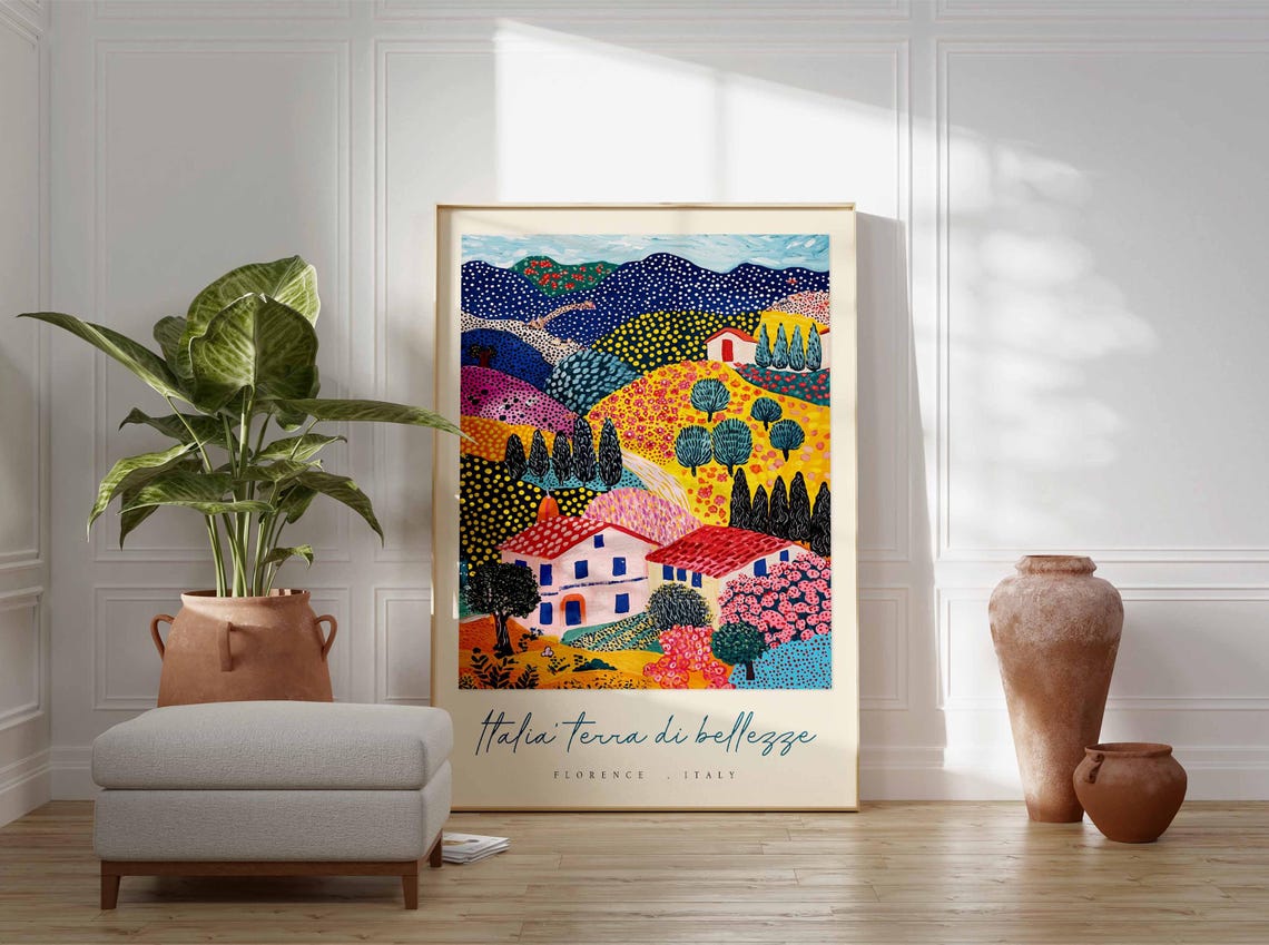 Florence Tuscan Hills Farmhouse Dotted Art Italy Travel Poster - Image 3