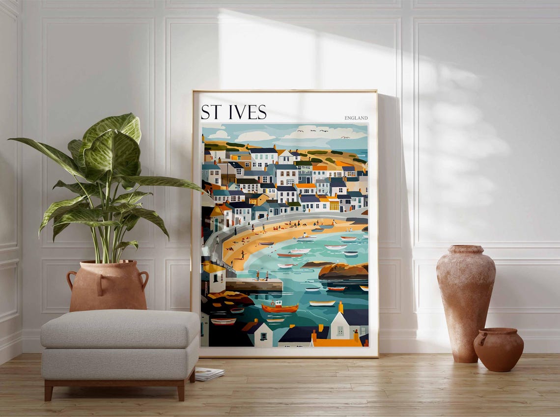 St Ives England Pastel Town Harbor Boats Sunny Beach View Poster - Image 2