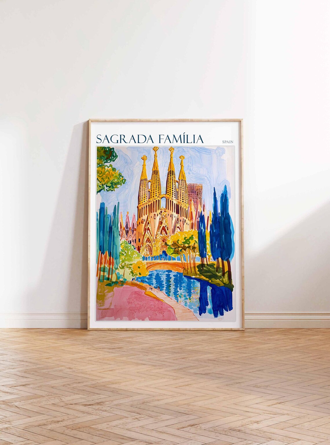 Sagrada Familia Watercolor Pink Promenade Cypress Spain Travel Poster - Image 2
