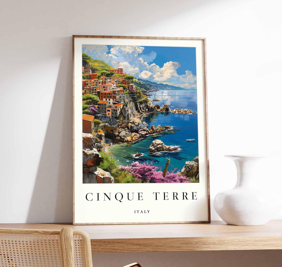 Cinque Terre Sunny Coastal Panorama Bright Turquoise Sea Poster