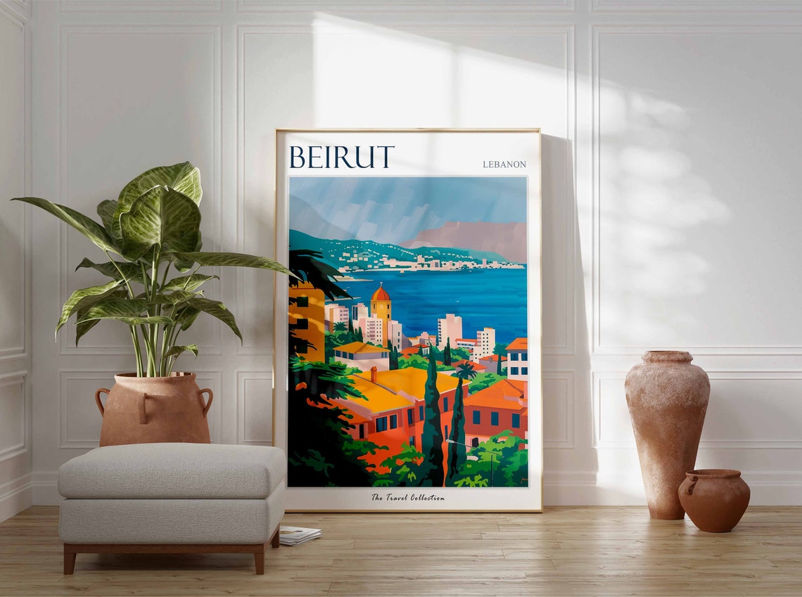 Beirut Lebanon Bay Cityscape Orange Roofs Graphic Travel Art Poster - Image 3