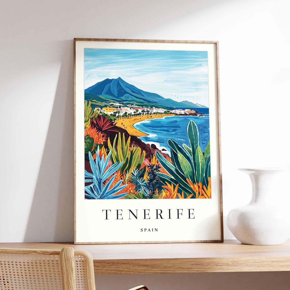 Tenerife Spain Coastal Town Volcano Scenic View Travel Poster
