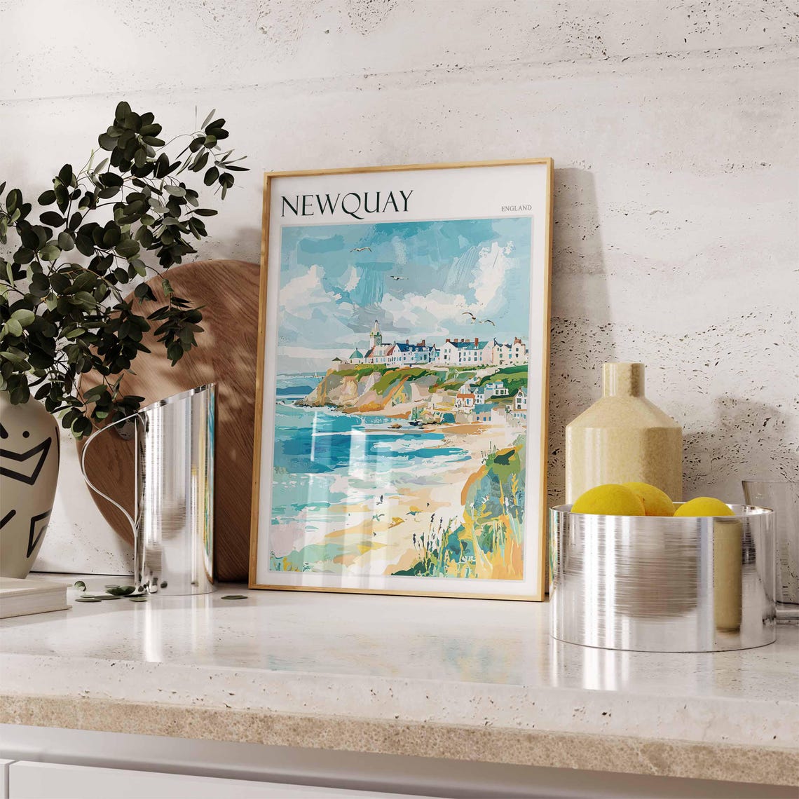 Newquay England Beach Waves Cliffs Town Painting Seaside Poster - Image 2