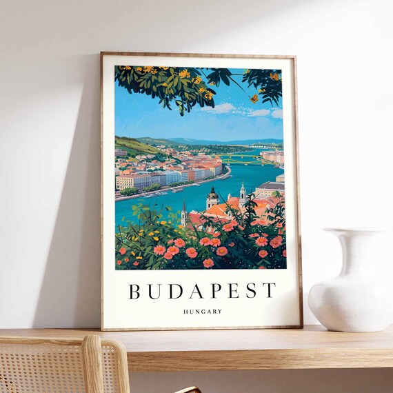 Budapest Danube River Bend Bridge Pink Blossom Garden Travel Poster