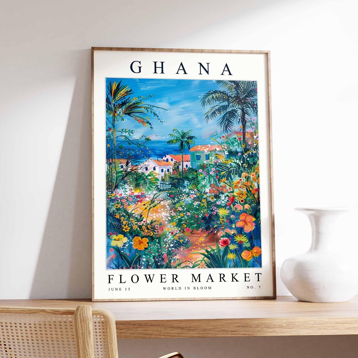 Ghana Flower Market Tropical Coastal Village Palm Garden Travel Poster
