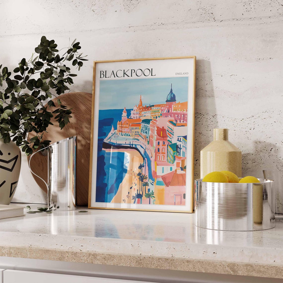Blackpool Seafront Hotels Curved Beach Palm Trees Bold Travel Poster - Image 2