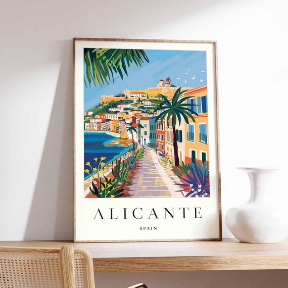 Alicante Spain Sunny Coastal Promenade Castle Hill Travel Poster