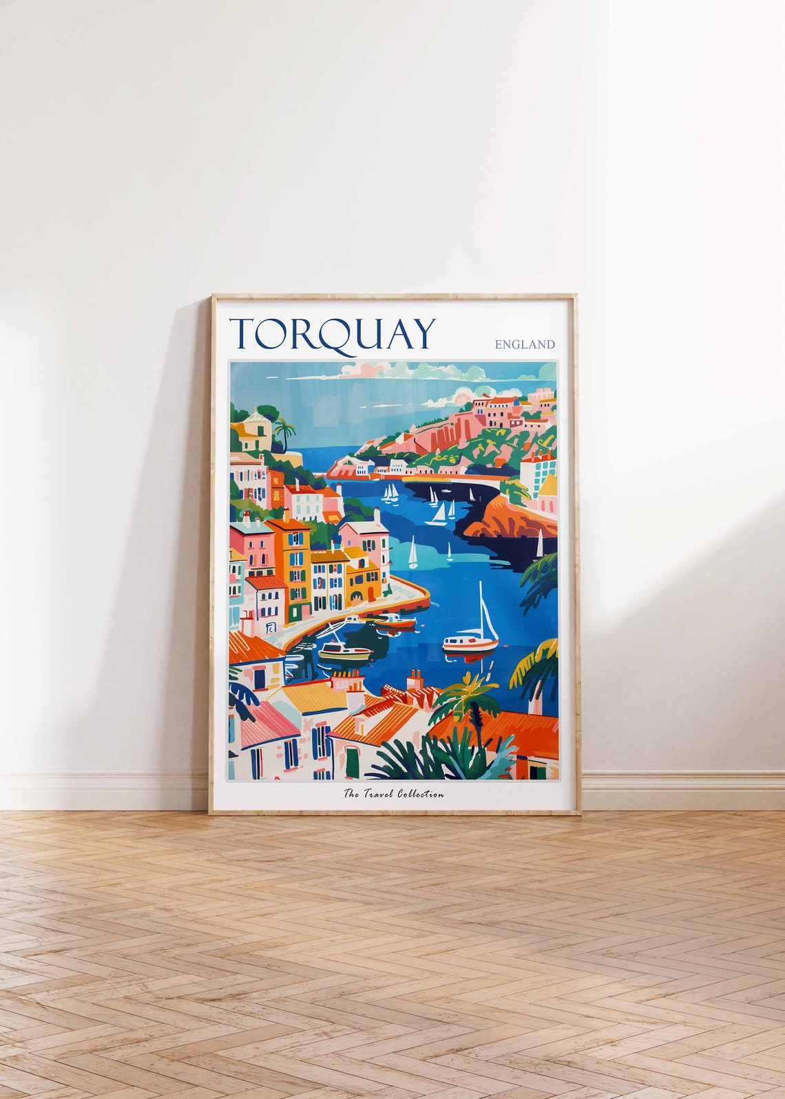 Torquay England Colorful Harbor and Sailboat Bay Scene Art Poster - Image 2