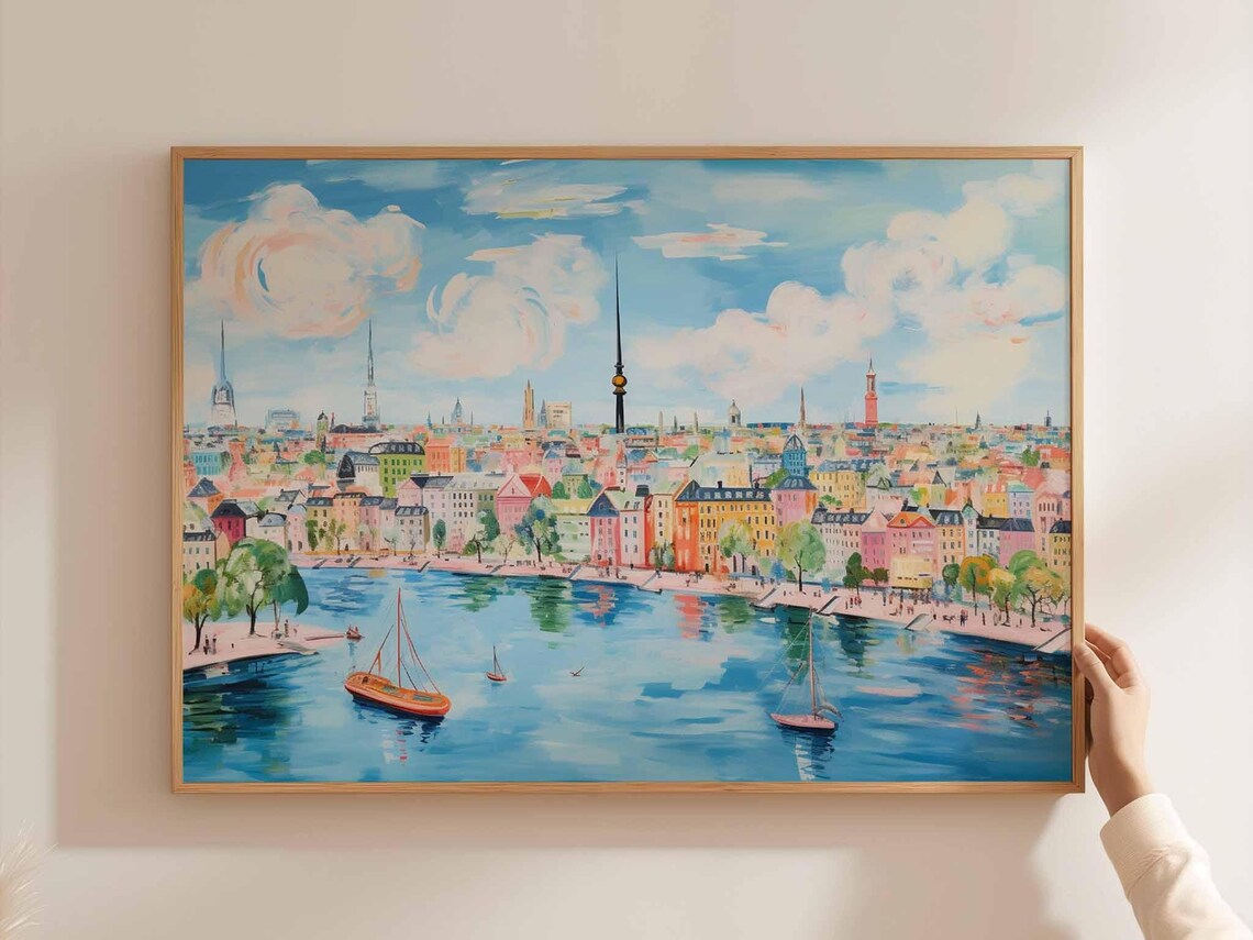 Pastel Harbor City Spires Sailboats Waterfront Painting Poster