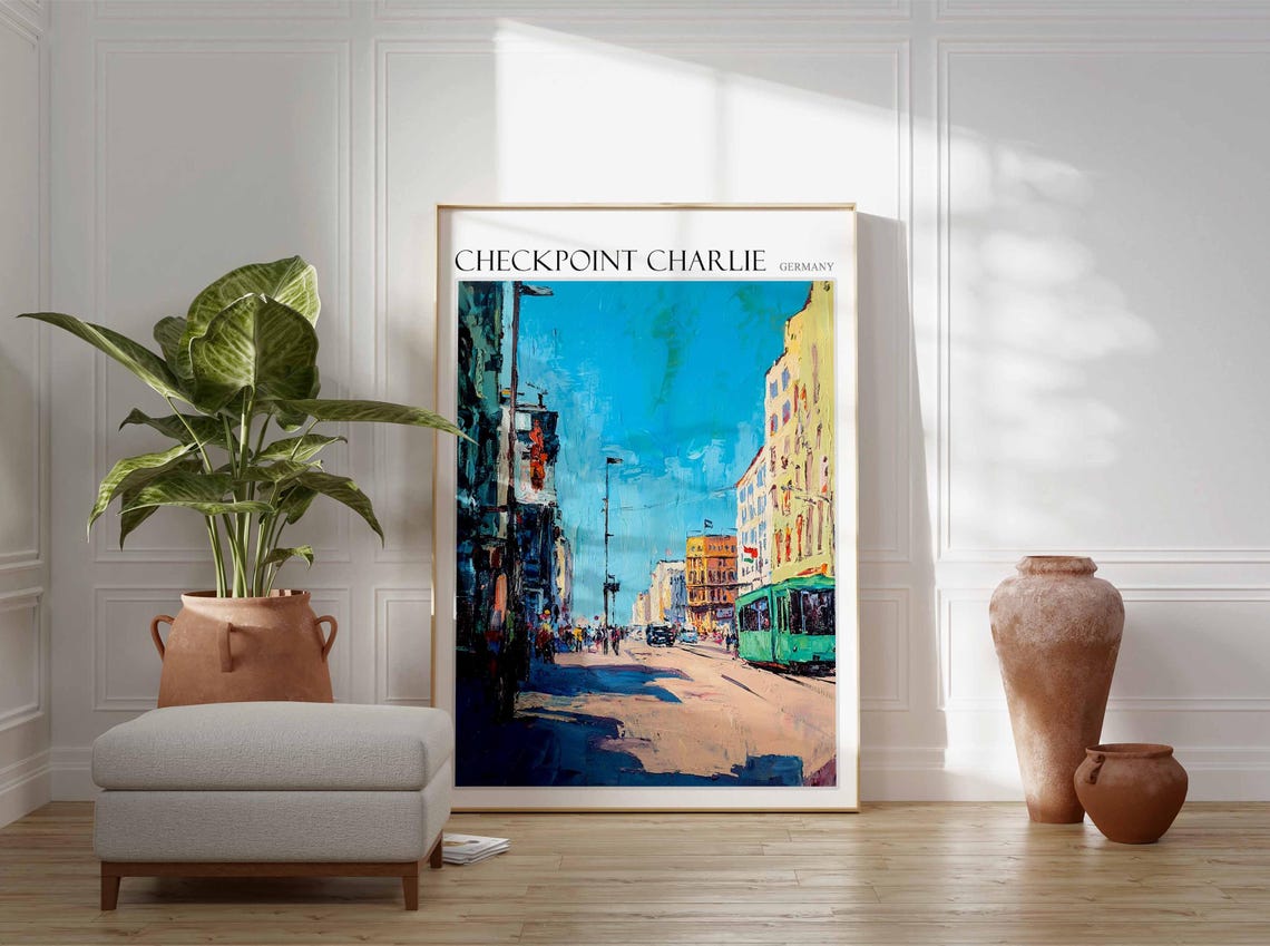 Checkpoint Charlie Berlin Street with Green Bus Oil Painting Poster - Image 2