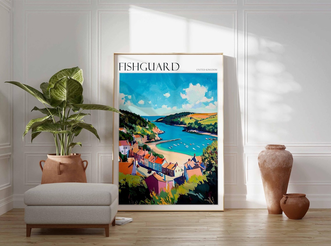 Fishguard Aerial Bay Colorful Seaside Town Sailboats Wales Travel Poster - Image 3