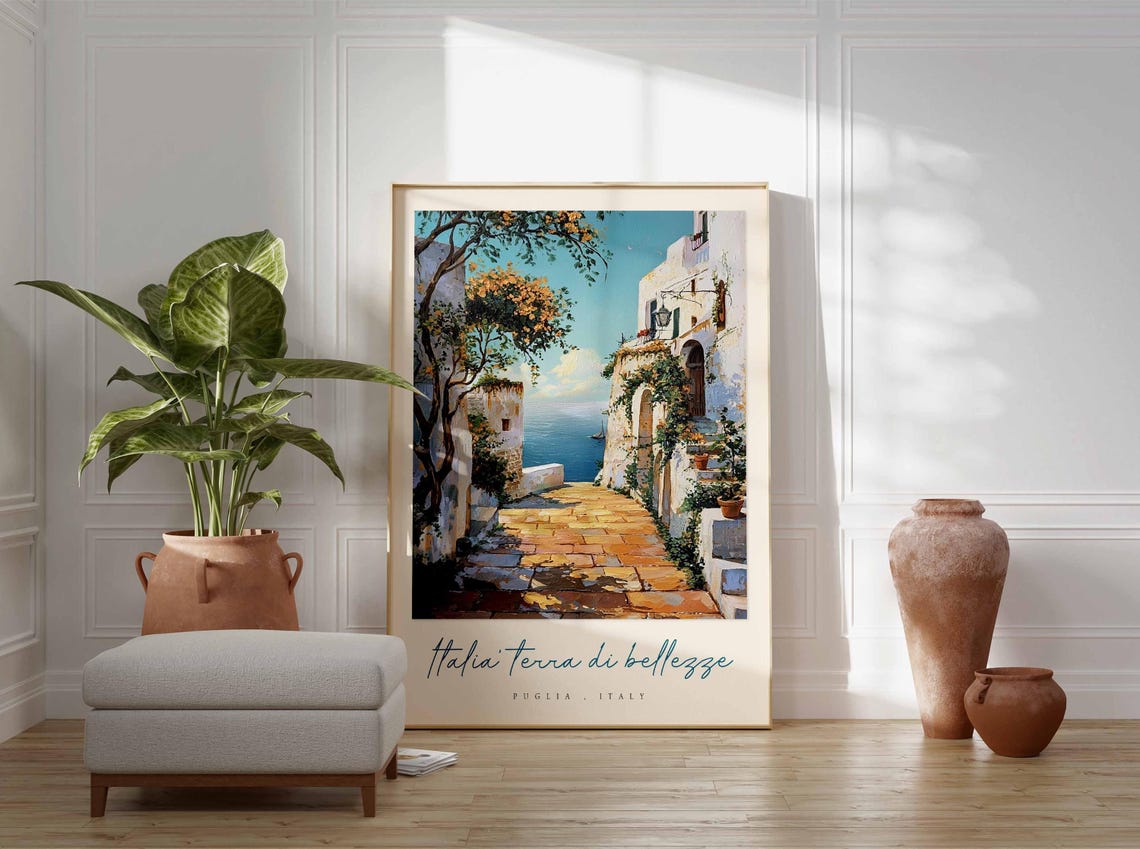 Puglia Italy Whitewashed Alley Stone Steps Sea View Art Poster - Image 3