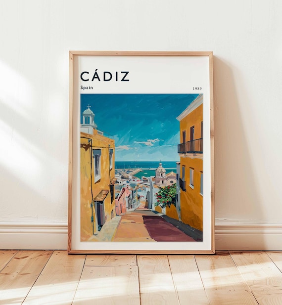 Cadiz Spain 1989 Travel Poster with Golden Old Town Harbor Street