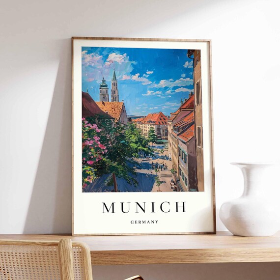 Munich Germany Old Town Twin Towers Blossom Street Travel Poster