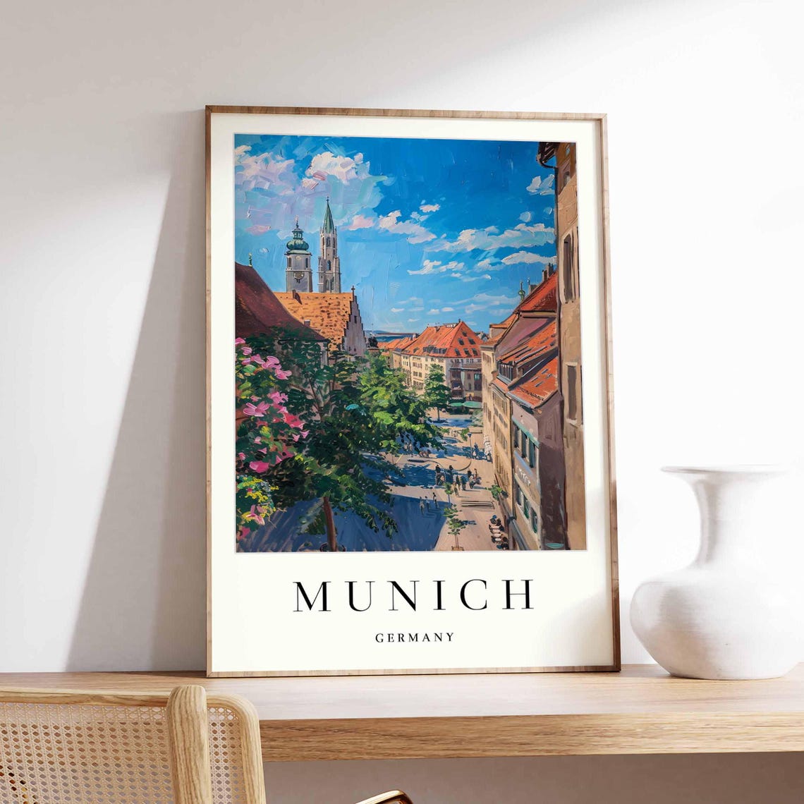 Munich Germany Old Town Twin Towers Blossom Street Travel Poster