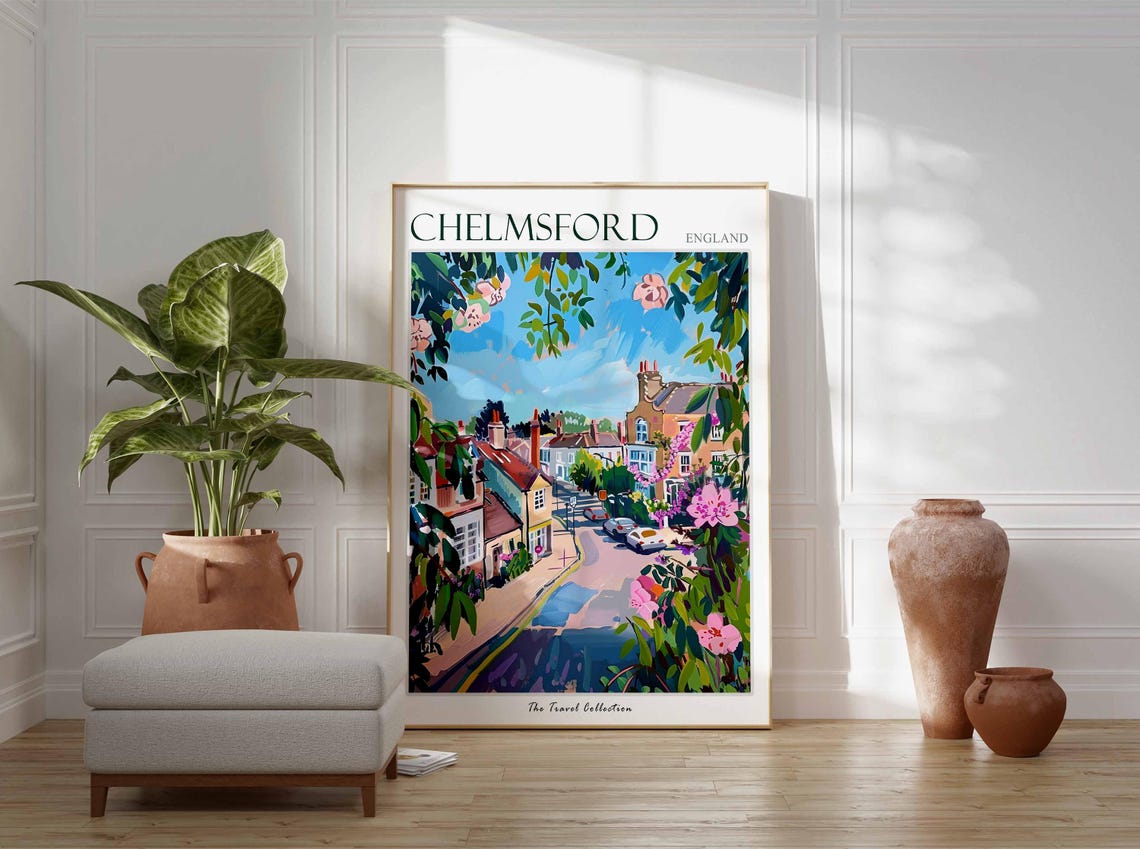 Chelmsford England Pink Blossom Spring Street Scene Art Poster - Image 2