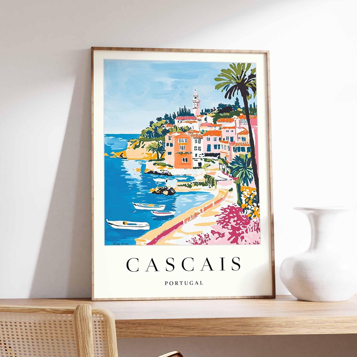 Cascais Portugal Beach Promenade Boats Seaside Walk Watercolor Poster