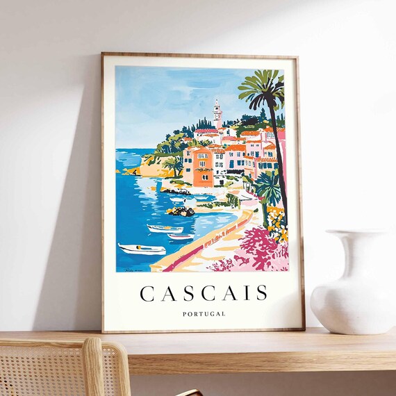 Cascais Portugal Beach Promenade Boats Seaside Walk Watercolor Poster