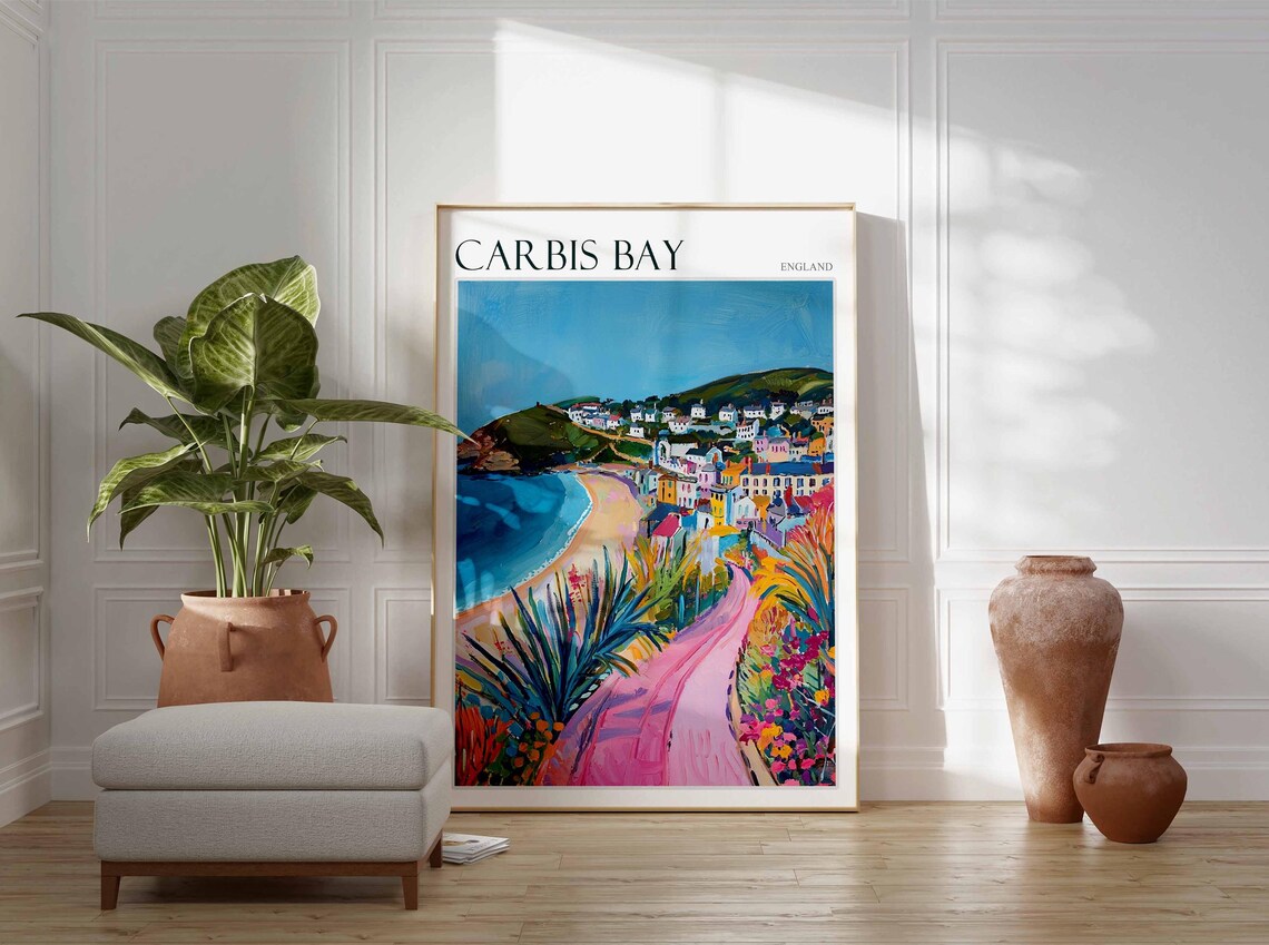 Carbis Bay England Seaside Colorful Hillside Town Pink Path Art Poster - Image 3