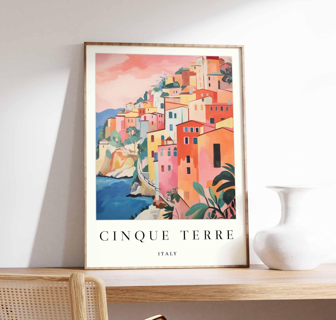 Cinque Terre Dreamy Pink Sky Hillside Village Italy Travel Poster