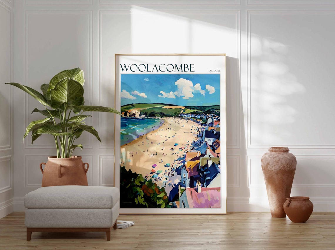 Woolacombe England Aerial Beach View Coastal Town Travel Poster - Image 2