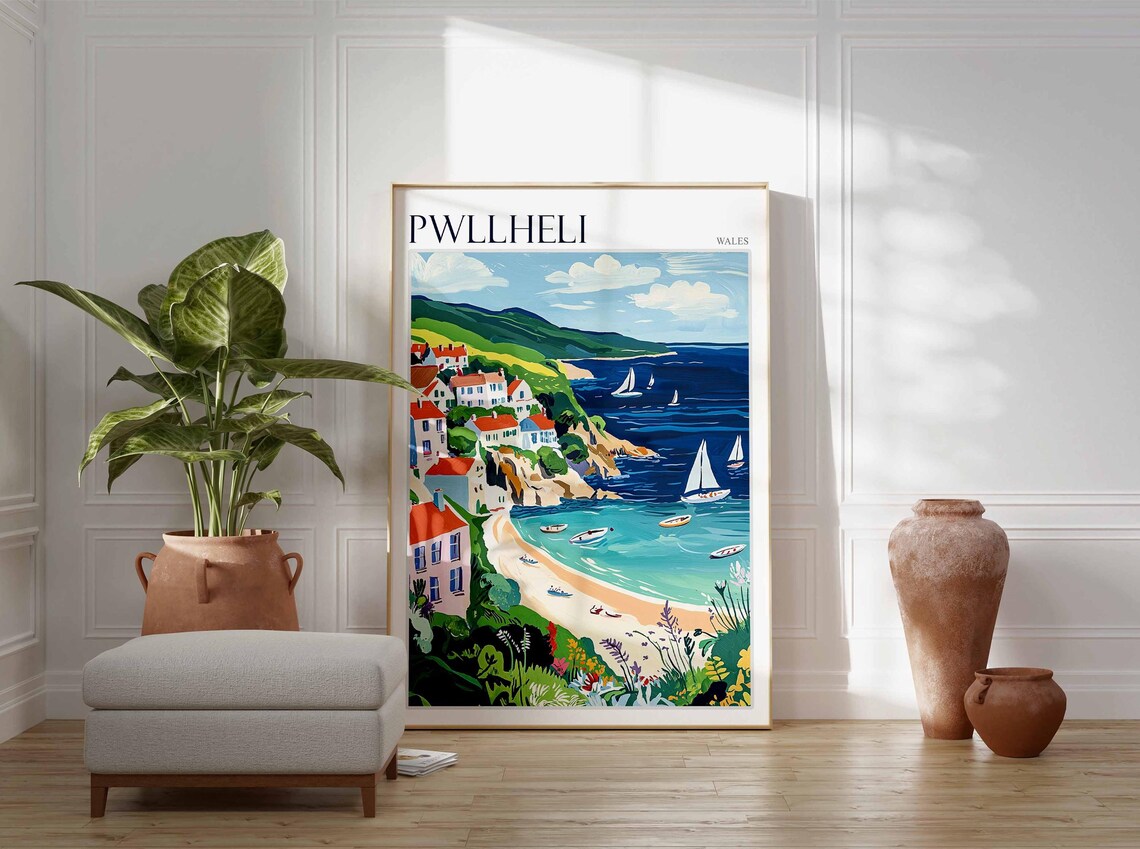 Pwllheli Wales Red Roof Village Sailboats Sandy Cove Art Poster - Image 4