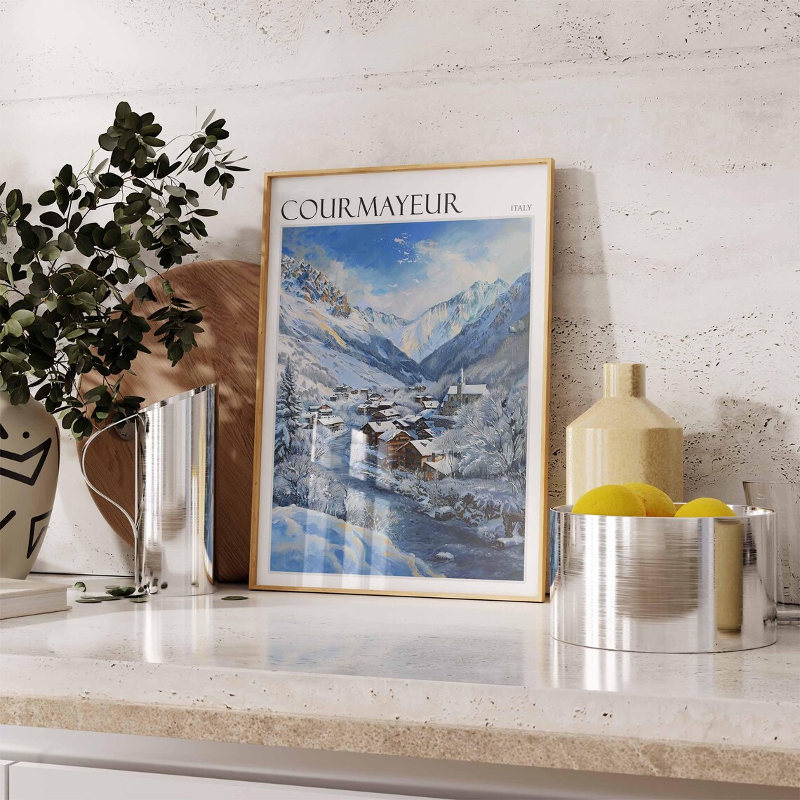 Courmayeur Italy Blue Snowy Winter Village Watercolor Ski Poster - Image 2