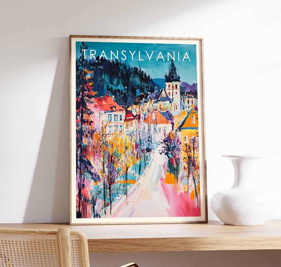 Transylvania Romania Medieval Town Clock Tower Mountains Travel Poster