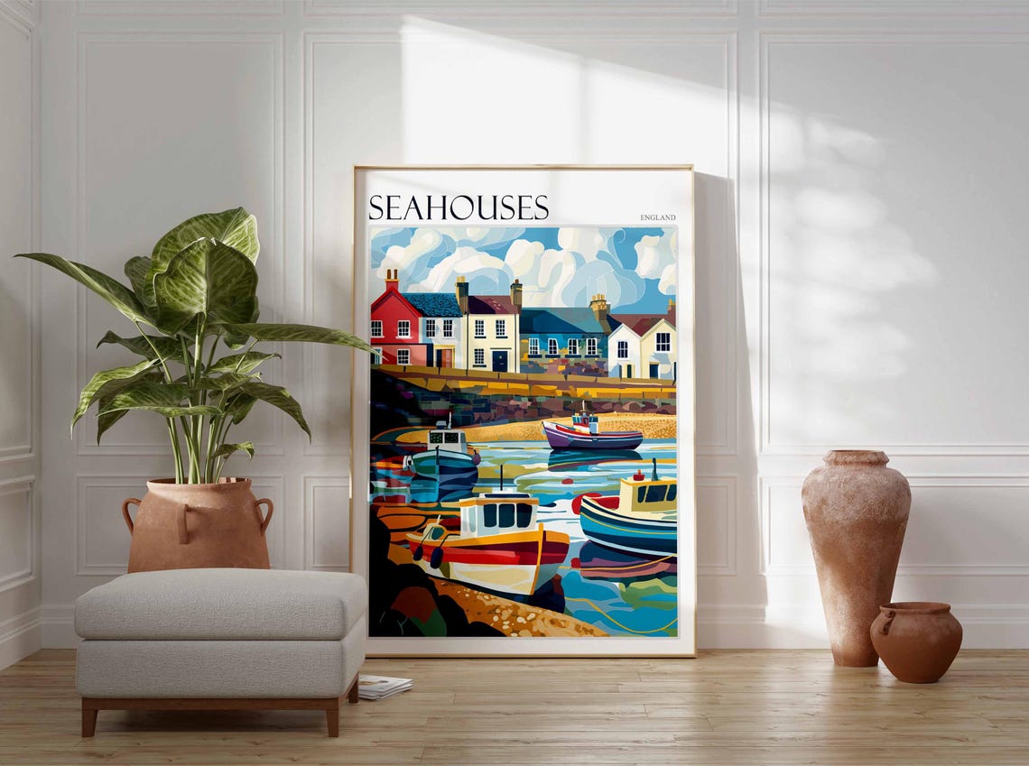 Seahouses Fishing Boats Harbour Bold Modern Poster England Coast - Image 2